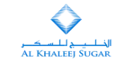 Logo von Al Khaleej Sugar in blau mit arabischer Schrift.