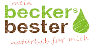 Logo mit dem Text "mein becker's bester" und dem Slogan "natürlich für mich", in bunten Buchstaben und einem Wassertropfen.