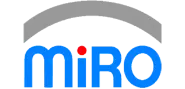 Logo von miRO mit blauen Buchstaben und einem roten Punkt.