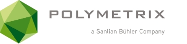 Logo von Polymetrix, einer Sanlian Bühler Company, mit einem grünen, geometrischen Symbol.