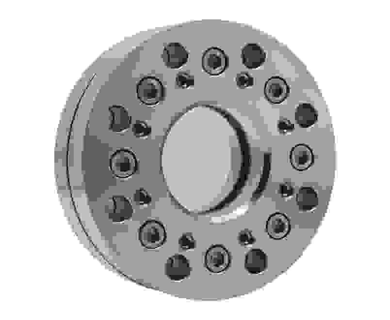 Metallene Flanschscheibe mit zentralem Loch und mehreren Schrauböffnungen. Verwendung in mechanischen Anwendungen.