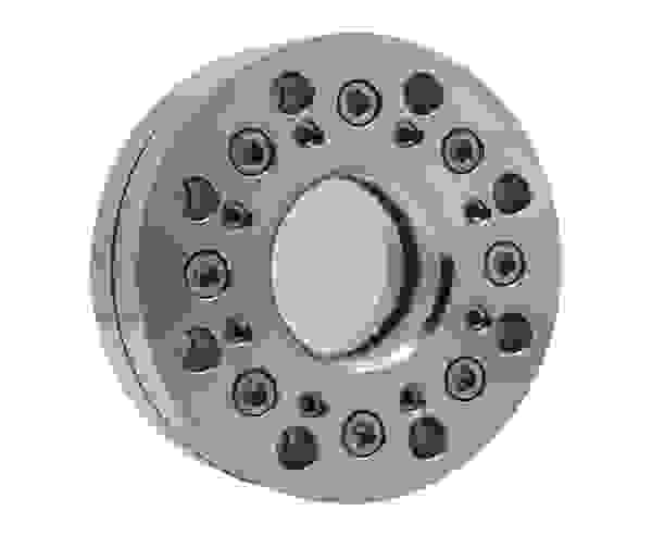 Metallene Flanschscheibe mit zentralem Loch und mehreren Schrauböffnungen. Verwendung in mechanischen Anwendungen.