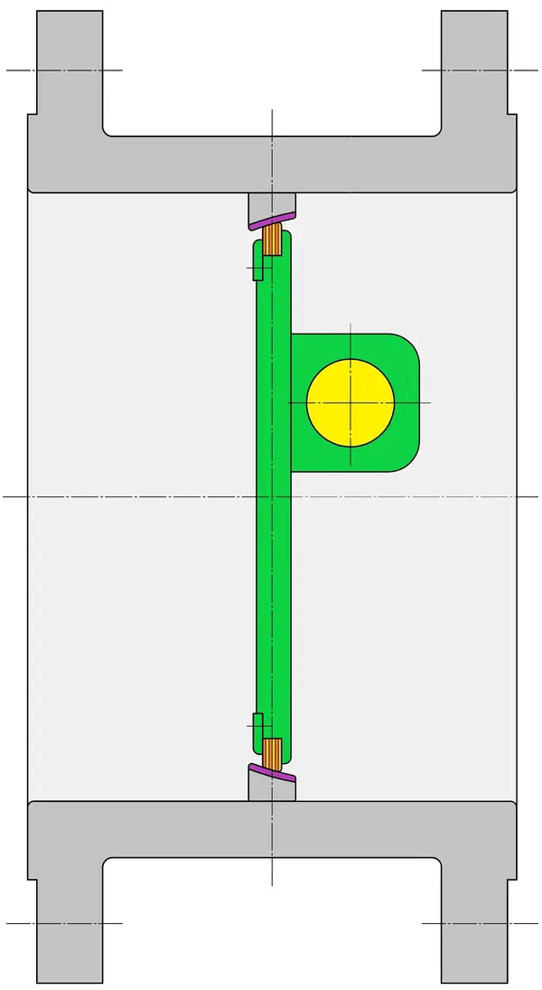 Schnittzeichnung eines mechanischen Elements mit grünen und grauen Komponenten sowie einer gelben Markierung.