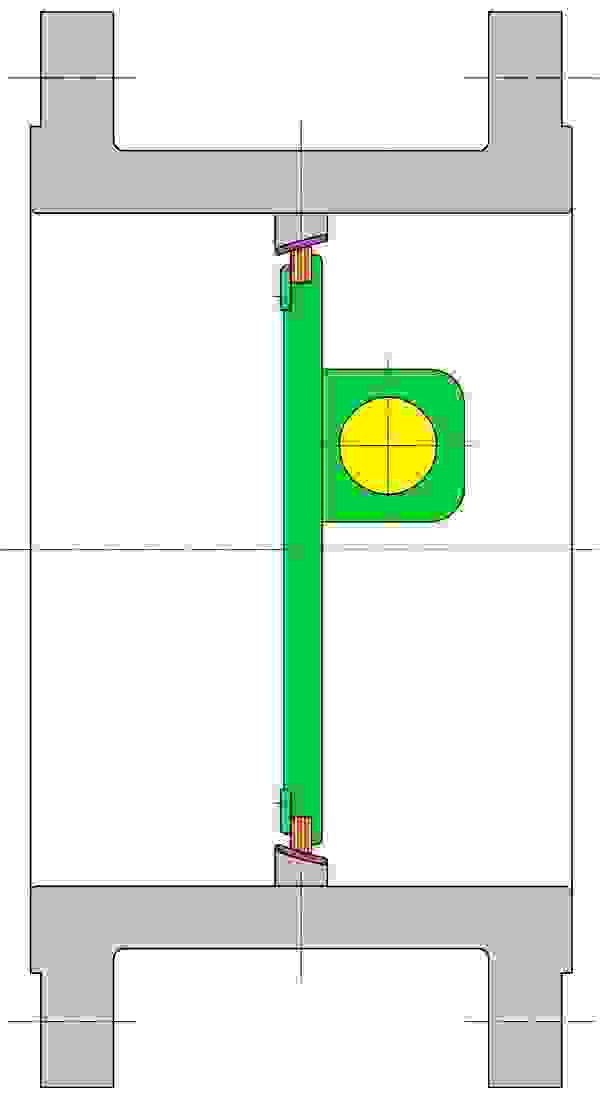 Schnittzeichnung eines mechanischen Elements mit grünen und grauen Komponenten sowie einer gelben Markierung.