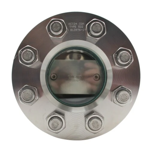 Flansch mit Glasfenster und sechs Schrauben. Metallische Oberfläche, für industrielle Anwendungen geeignet.