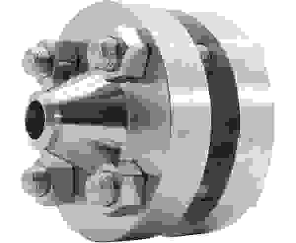 Edelstahl-Flanschteil mit runder Form und sechs Schrauben.