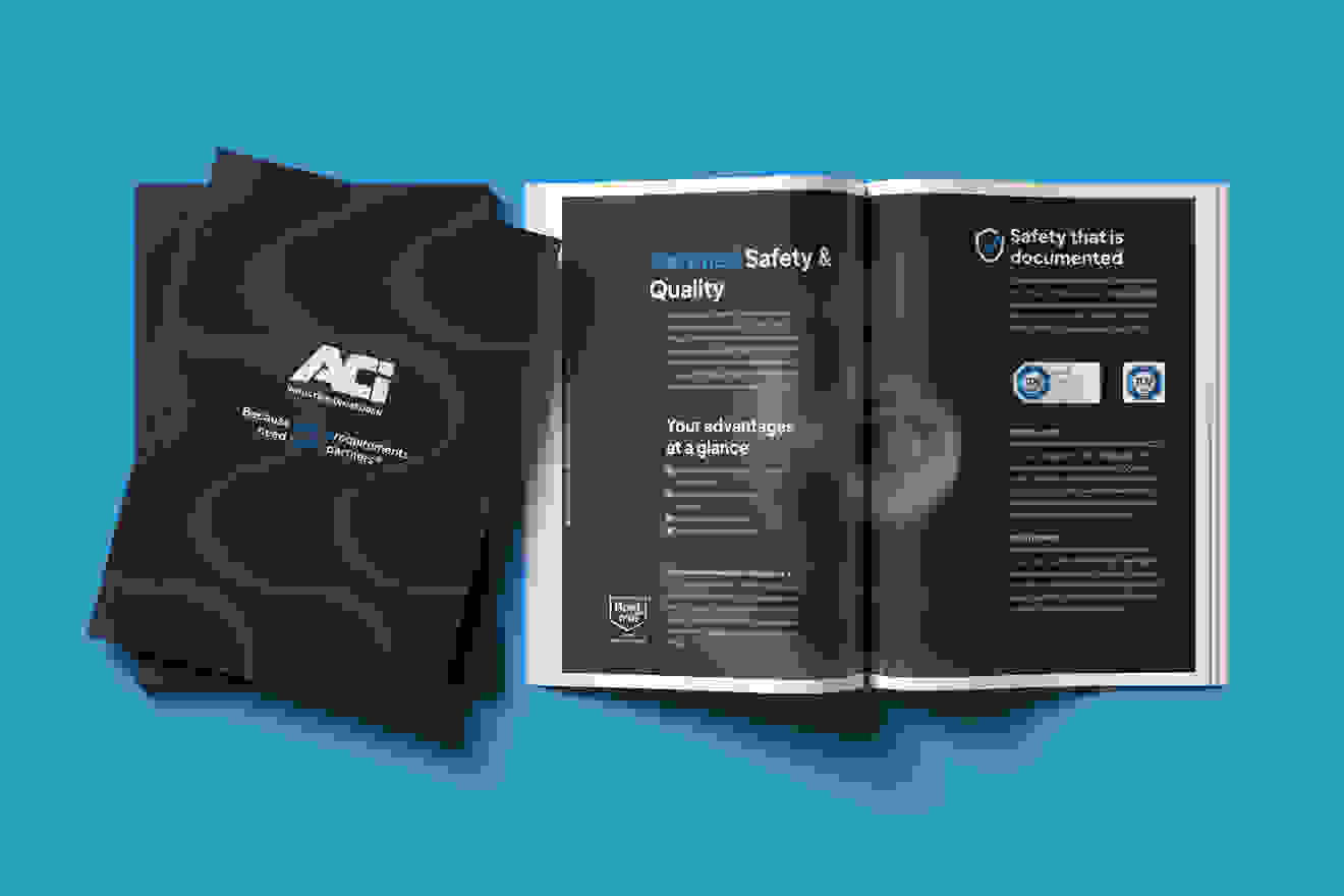 ACI brochure on a blue background, featuring a cover with a logo and a slogan. An open page displays information on certified safety, quality advantages, and relevant certifications.