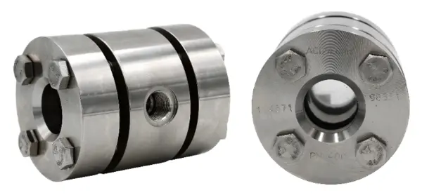Two metallic couplings with threaded screws used for connecting pipes or shafts.