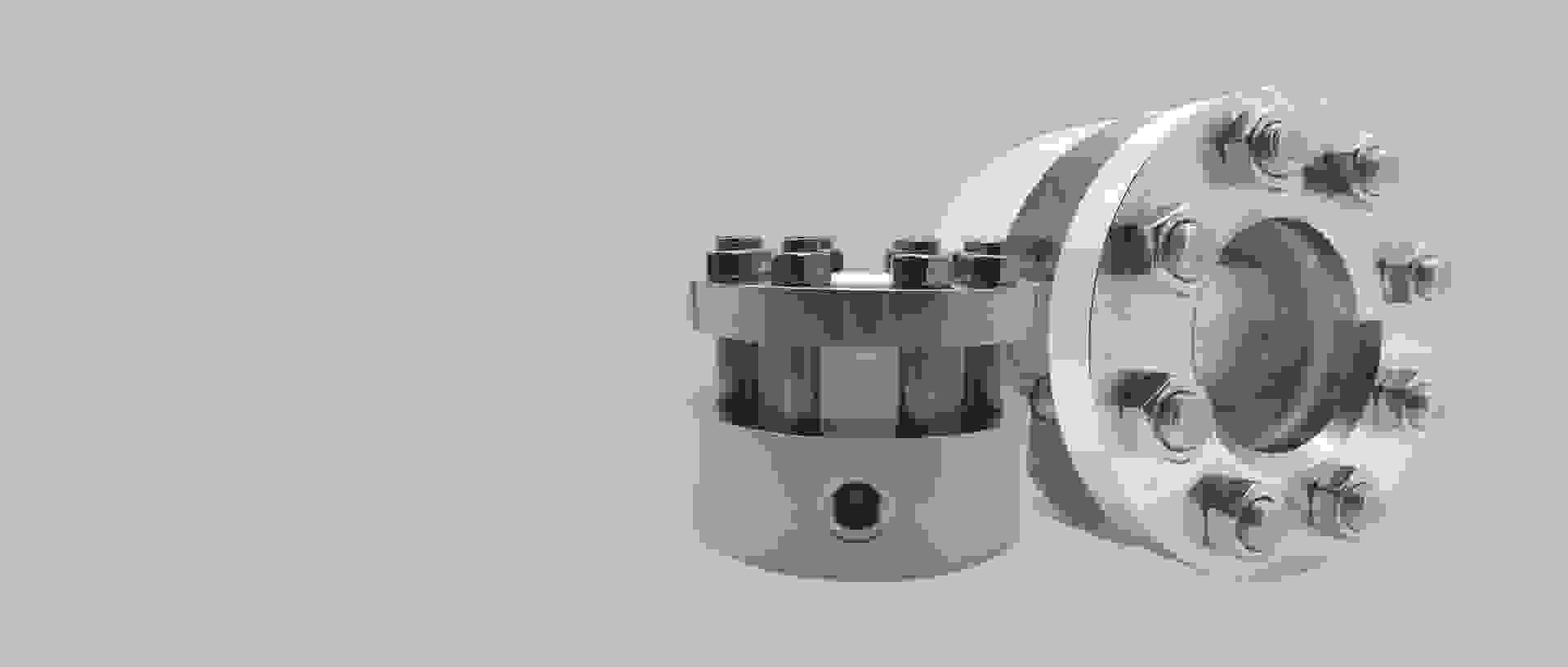Two stainless steel flanges, one with a sight glass and the other with bolts.