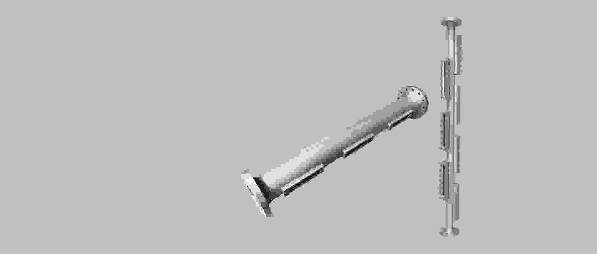 A metallic pipe structure with flanges and lateral elements.