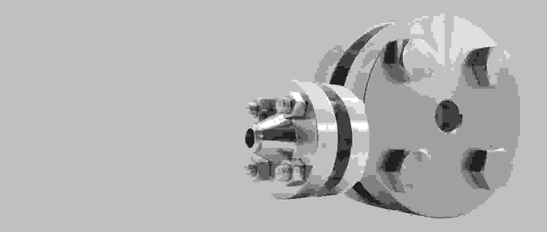 Stainless steel flange with screws and a tapered outlet. Technical construction.