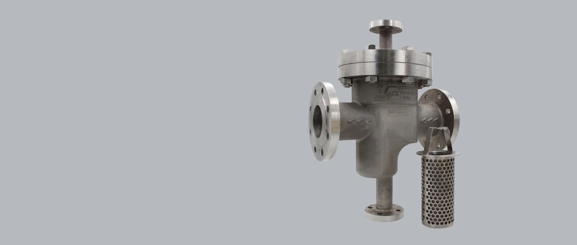 Iron valve made of stainless steel with a strainer.