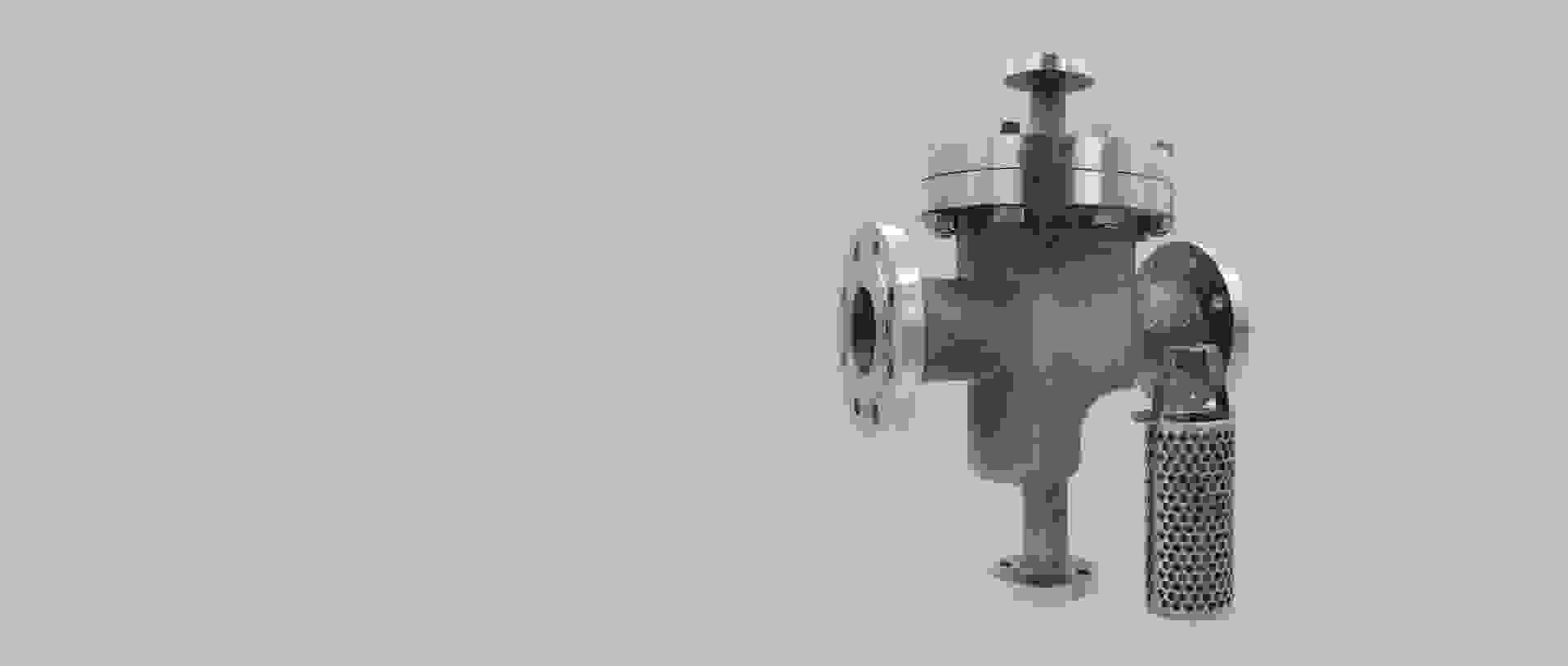 Iron valve made of stainless steel with a strainer.