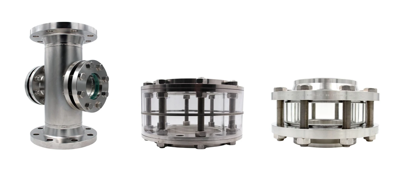 Three different stainless steel fittings: a straight one, a transparent one, and a compact design.