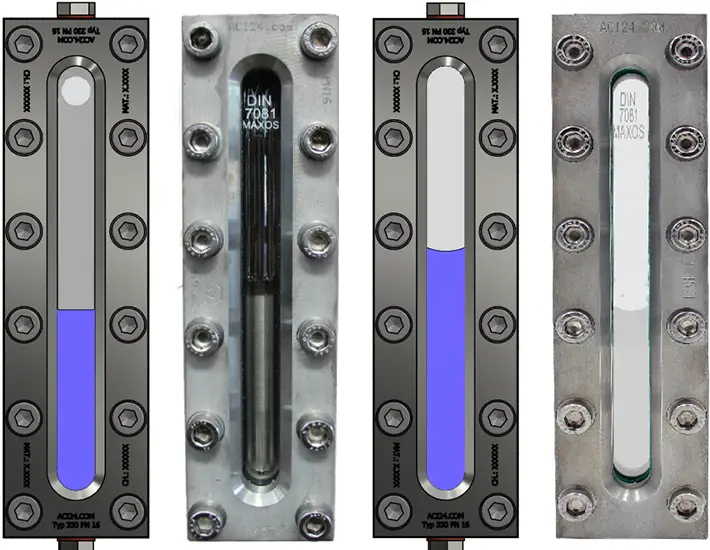 The difference between transparent sight glasses (left) and reflective sight glasses (right) according to DIN 7081.