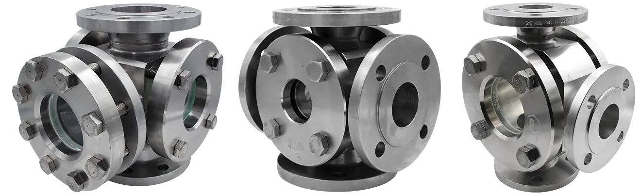 Three shiny, chrome-plated flanges with clear viewports arranged in different positions.