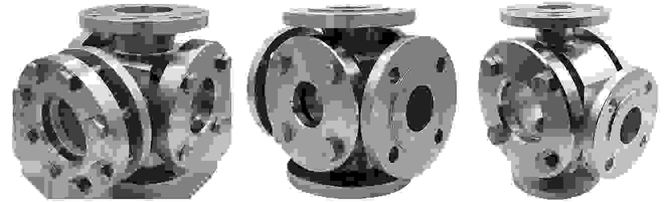 Three shiny, chrome-plated flanges with clear viewports arranged in different positions.