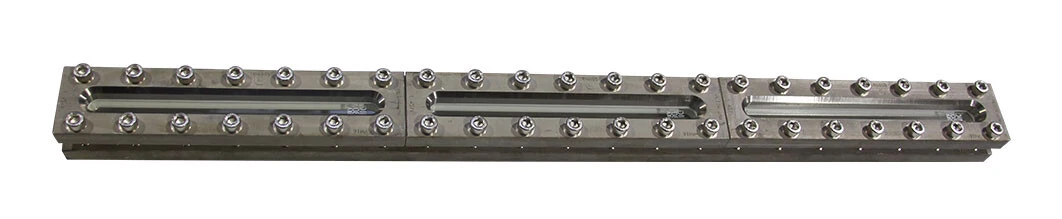 Railway track connection with multiple bolts and two transparent channels.