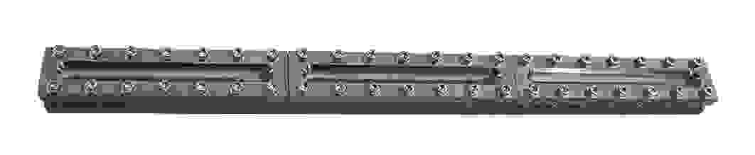 Railway track connection with multiple bolts and two transparent channels.