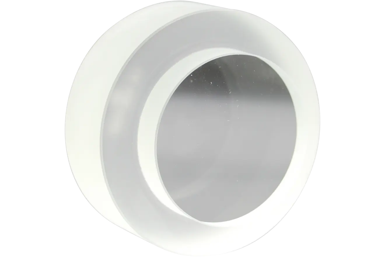 A transparent lens attachment in round shape with a white frame and a smooth, clear inner part.