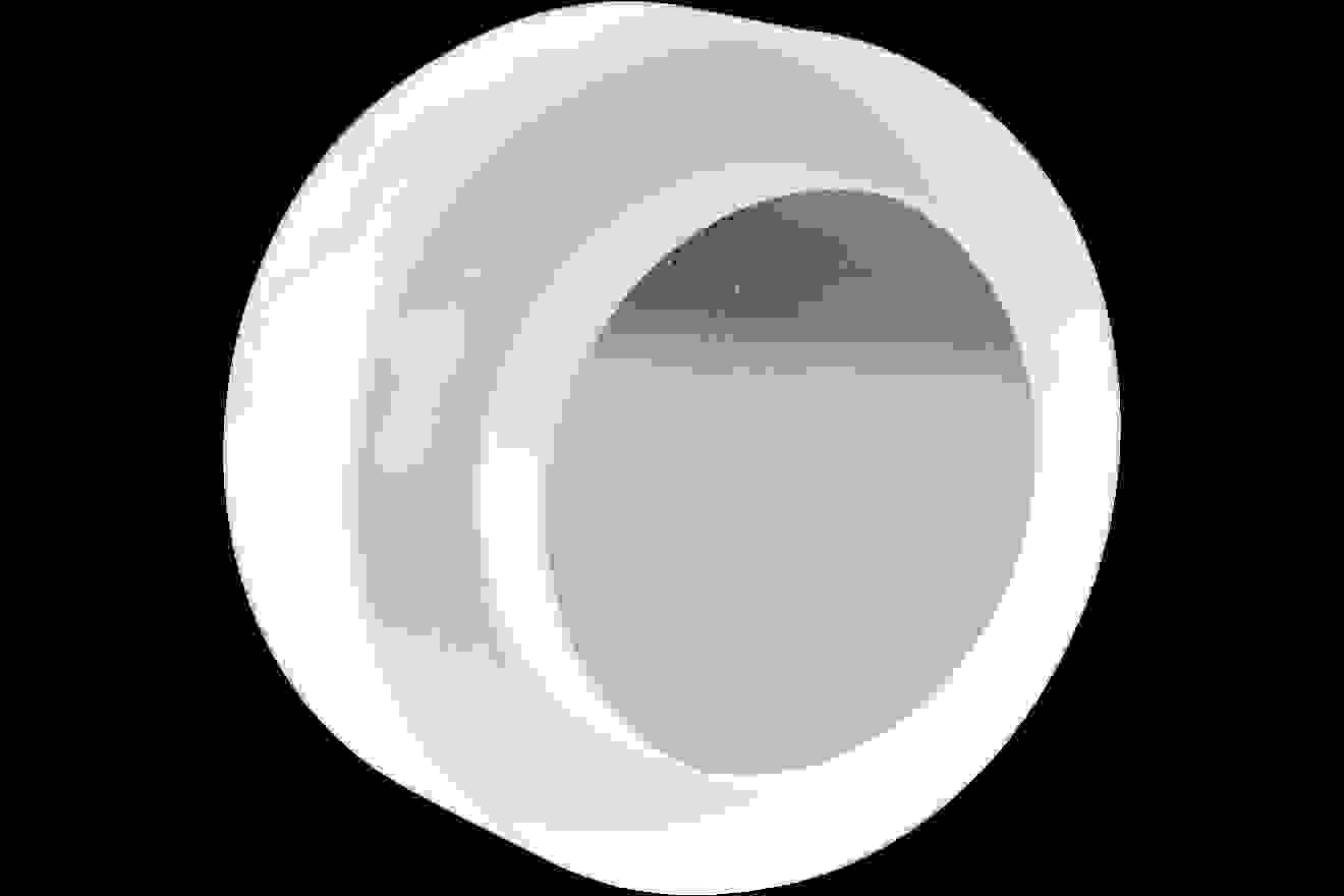 A transparent lens attachment in round shape with a white frame and a smooth, clear inner part.