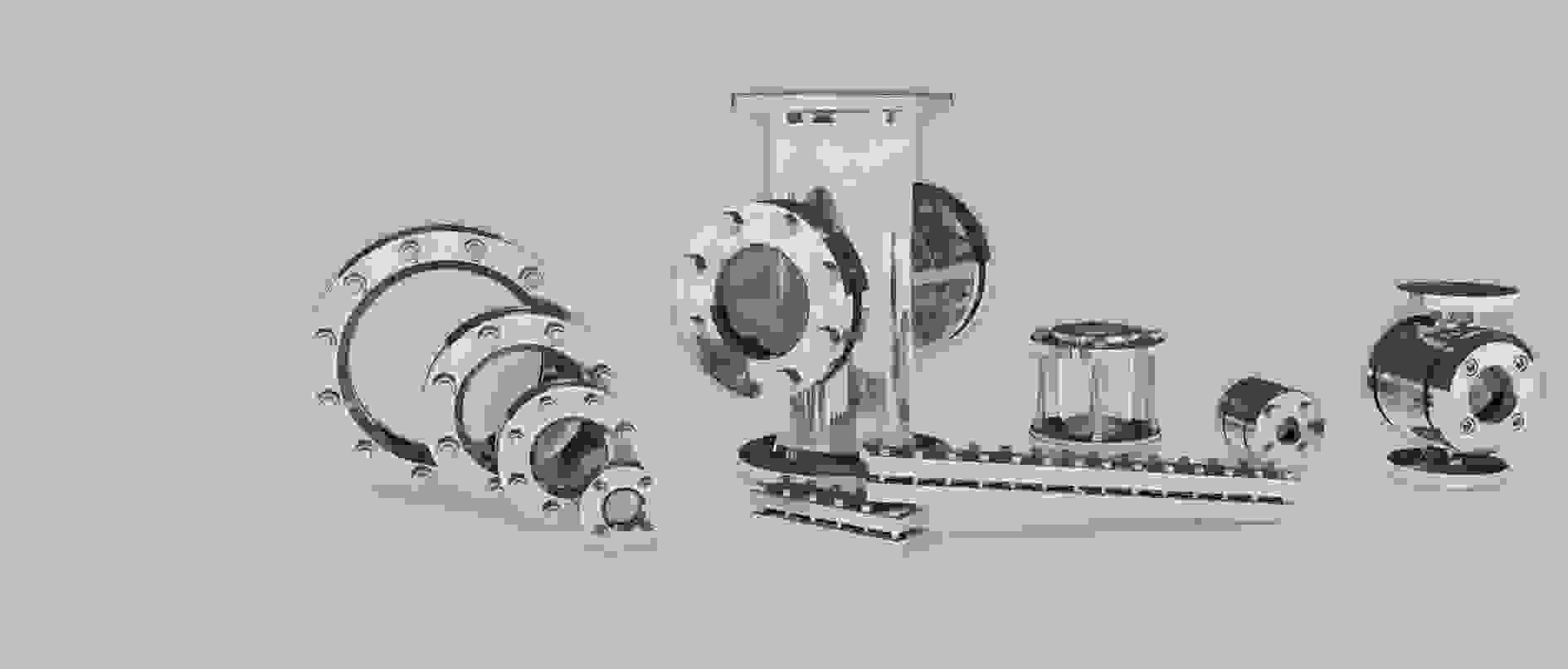 A collection of several silver metal components, including pipes, flanges, and valves.