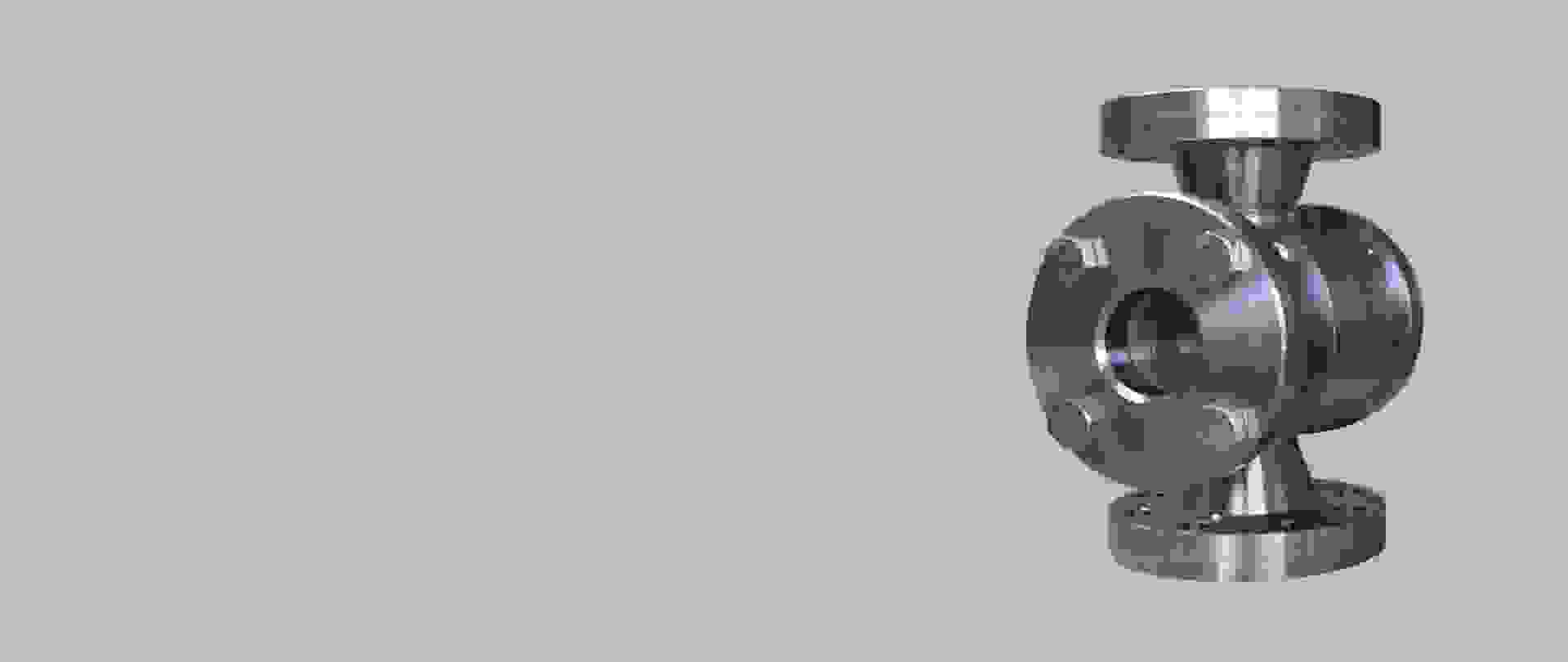 Stainless steel valve with flanges, standing on a gray background.