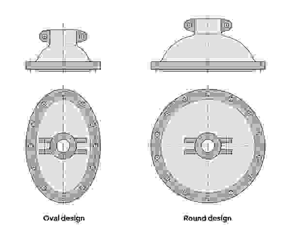 Illustration von zwei verschiedenen Bauformen: einer ovalen (links) und einer runden (rechts) Form, jeweils von oben betrachtet.