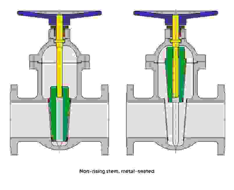 Sectional view of a valve with an internal spindle, shows metallic seals.