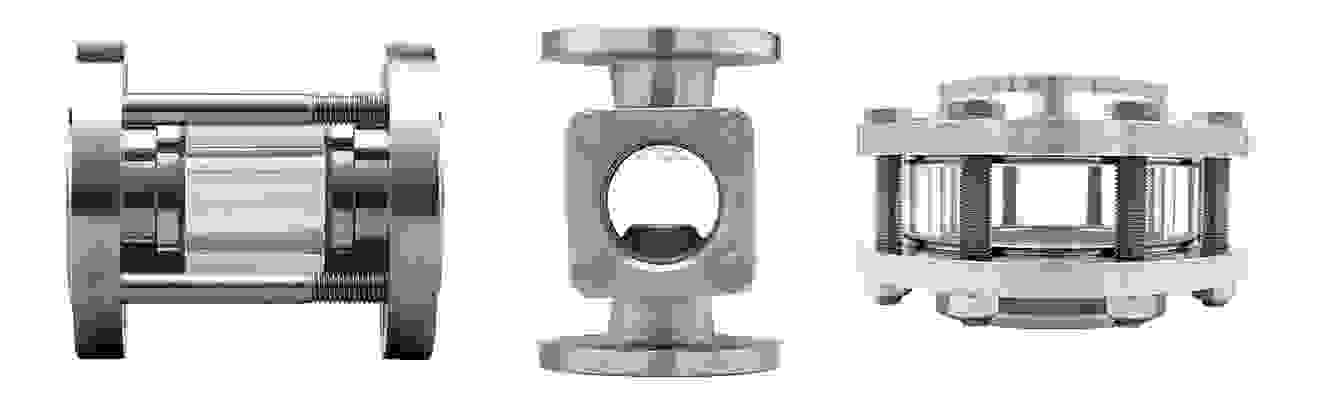 Three different sight tubes made of stainless steel with glass, for monitoring flows in pipelines.