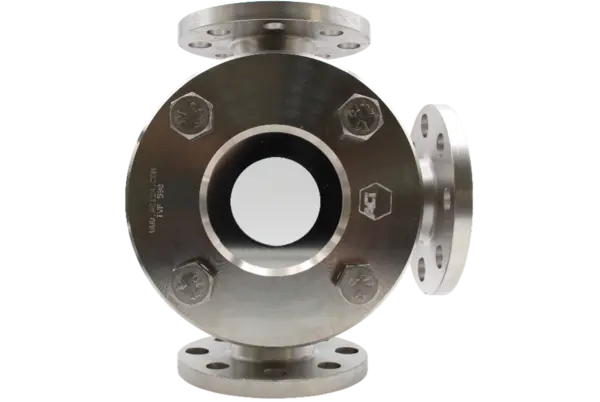 Energy storage made of stainless steel with flanges and screws, visible in cross-section.