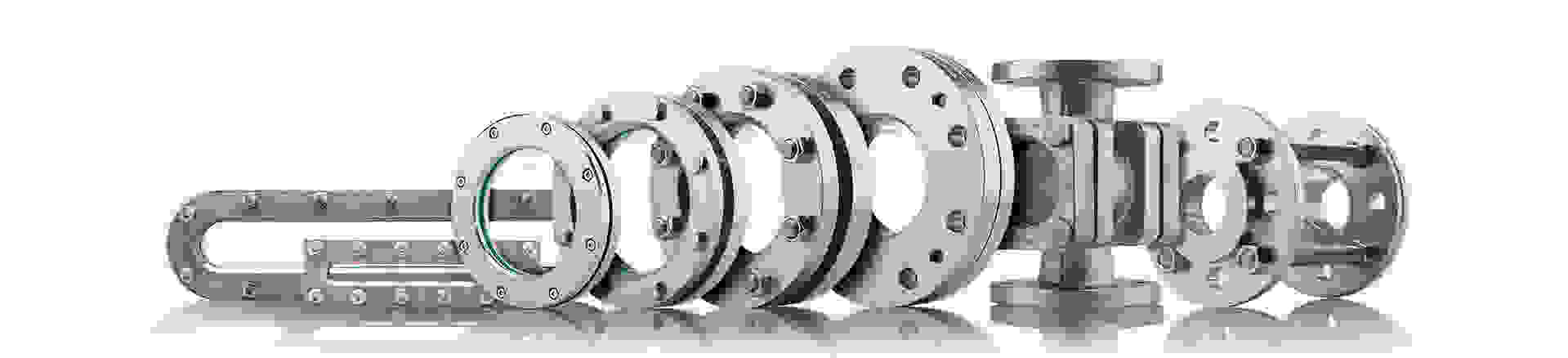 Sight glass fittings in a row