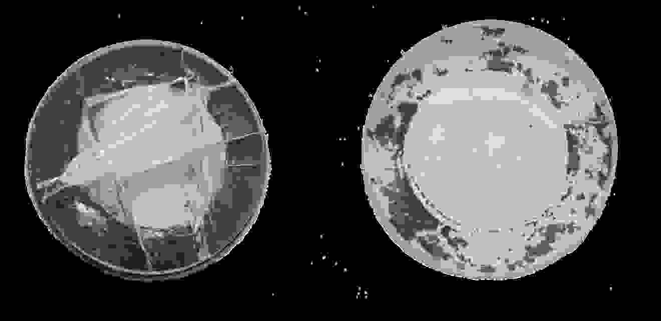 Two plates, one broken with visible cracks, the other undamaged with a darkened surface.