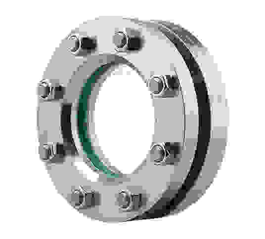 Stainless steel flange with bolts and gaskets, suitable for pipeline connections.