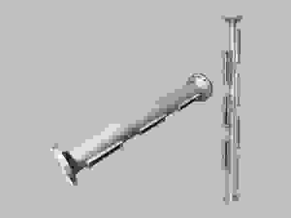 A metallic pipe structure with flanges and lateral elements.