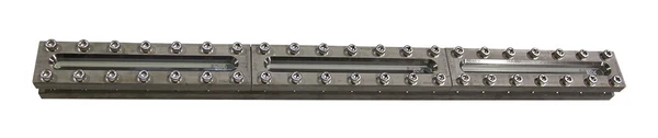 Railway track connection with multiple bolts and two transparent channels.