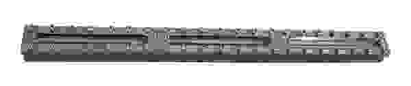 Railway track connection with multiple bolts and two transparent channels.