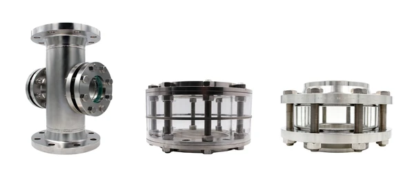 Three different stainless steel fittings: a straight one, a transparent one, and a compact design.