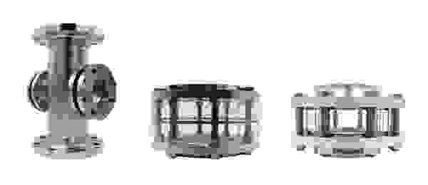 Three different stainless steel fittings: a straight one, a transparent one, and a compact design.