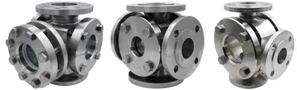 Three shiny, chrome-plated flanges with clear viewports arranged in different positions.