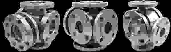 Three shiny, chrome-plated flanges with clear viewports arranged in different positions.