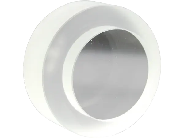 A transparent lens attachment in round shape with a white frame and a smooth, clear inner part.