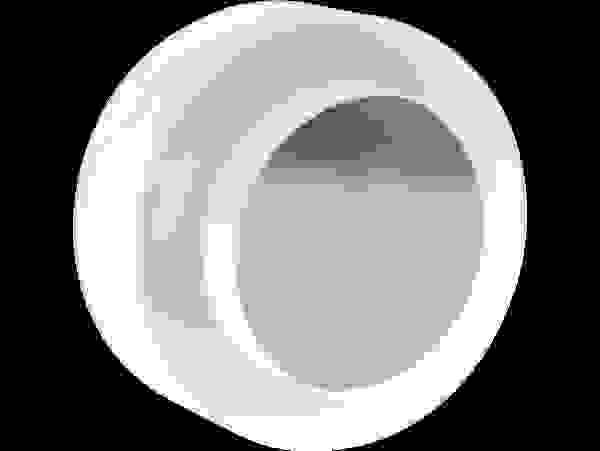 A transparent lens attachment in round shape with a white frame and a smooth, clear inner part.