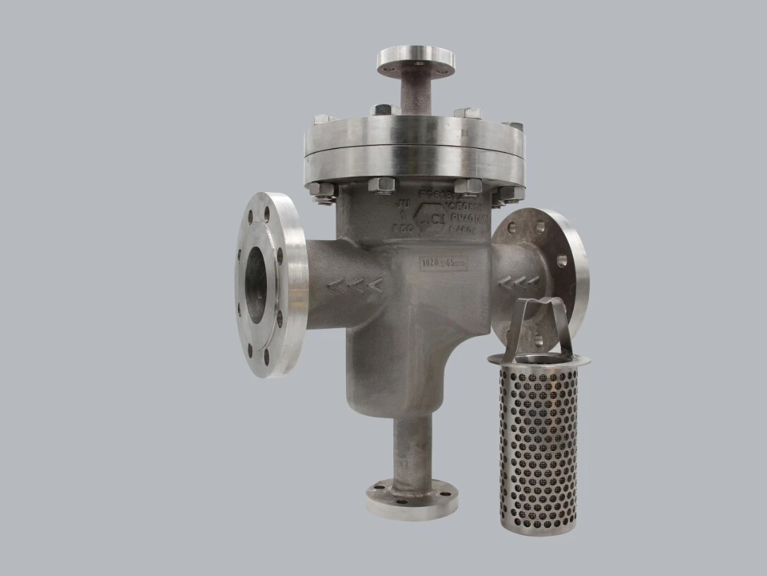 Iron valve made of stainless steel with a strainer.