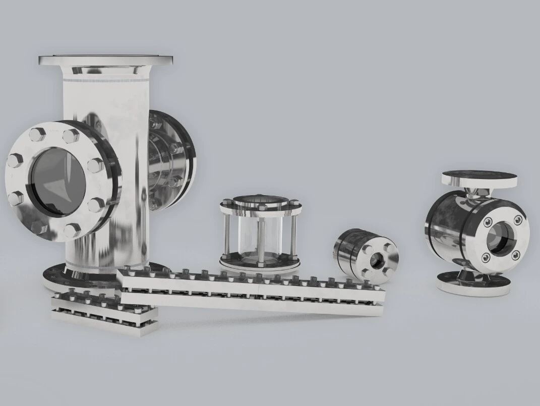 A collection of several silver metal components, including pipes, flanges, and valves.