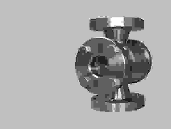 Stainless steel valve with flanges, standing on a gray background.