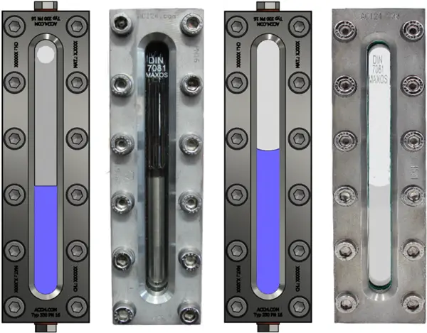 The difference between transparent sight glasses (left) and reflective sight glasses (right) according to DIN 7081.