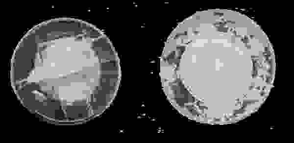 Two plates, one broken with visible cracks, the other undamaged with a darkened surface.
