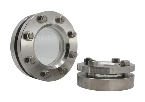 Stainless steel flanges with transparent sight window, for use in pipeline systems.
