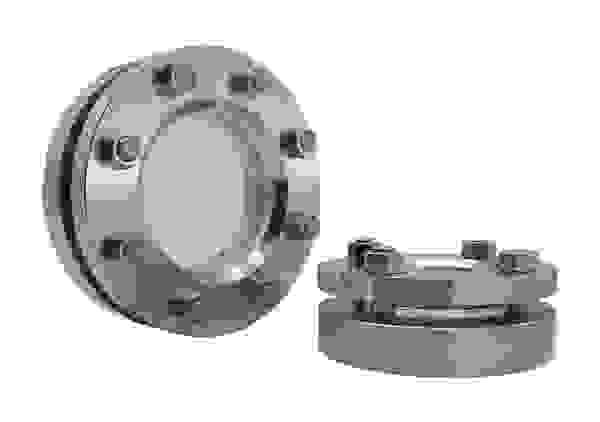 Stainless steel flanges with transparent sight window, for use in pipeline systems.